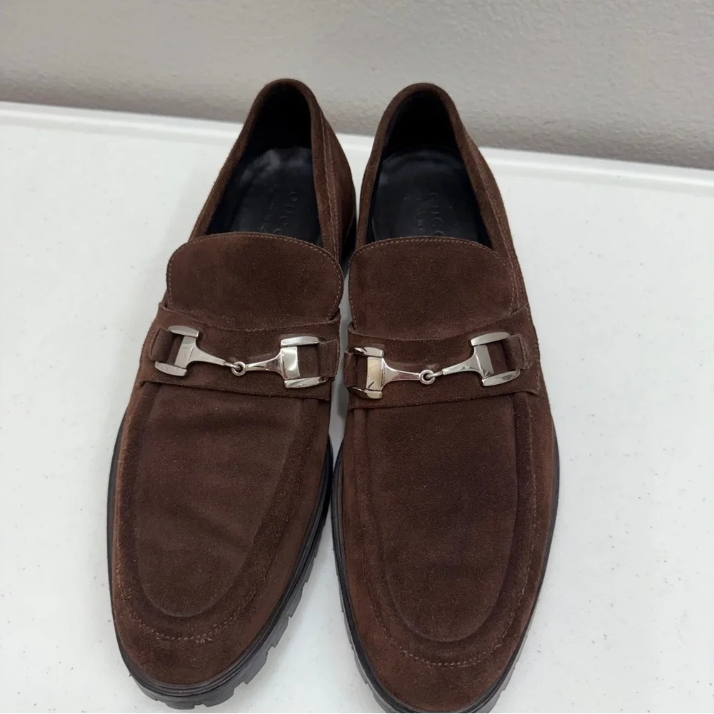 Gucci Loafers Mens Size 11.5 Shoes Horsebit Suede Brown Designer